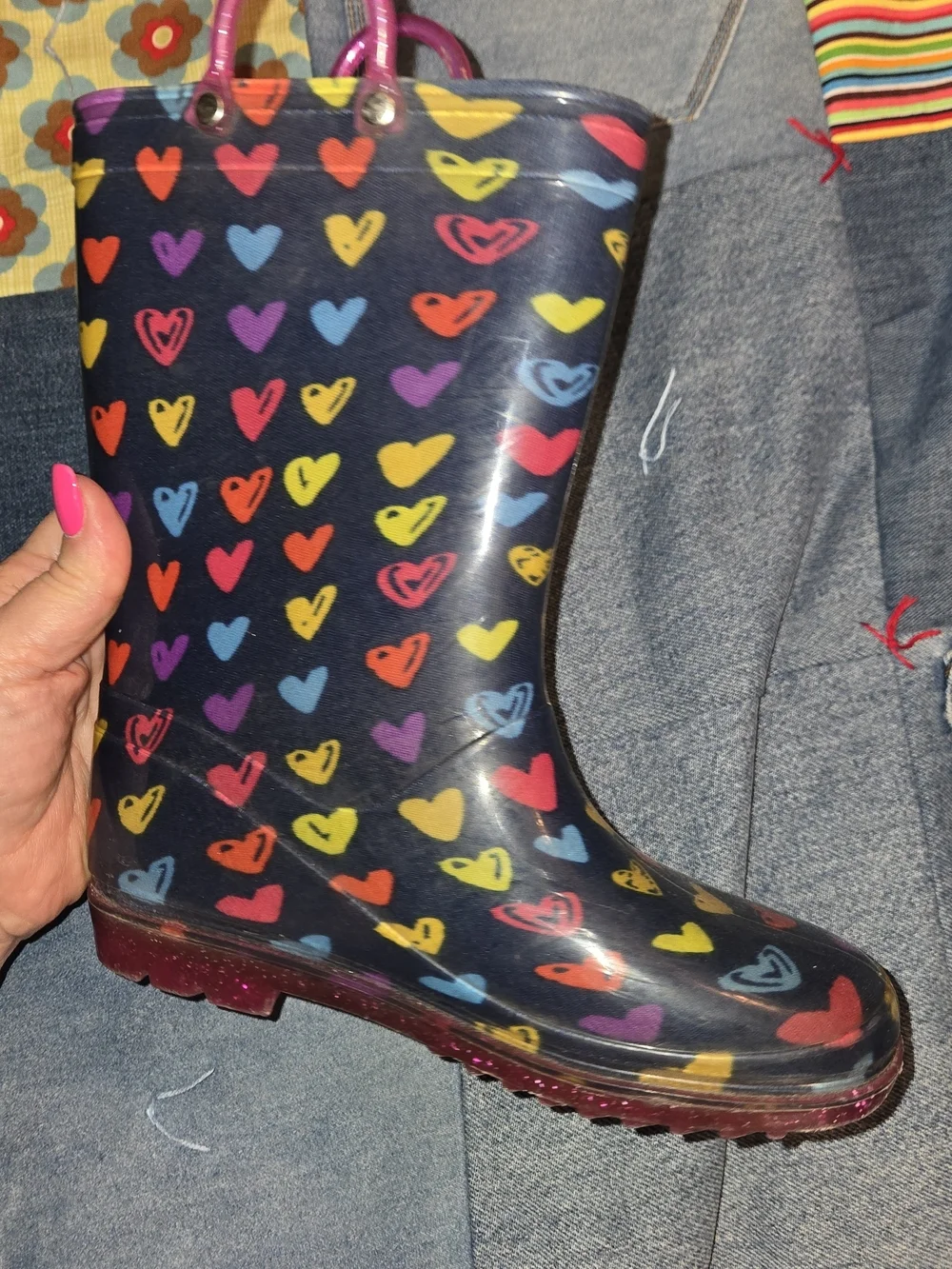 Girls Size 3D Rain Boots Heart Print Glitter Soles Waterproof PVC